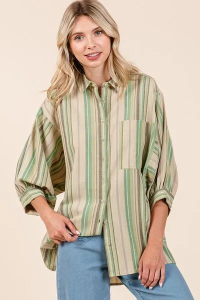 Green Striped Bubble Sleeve Button Down Shirt