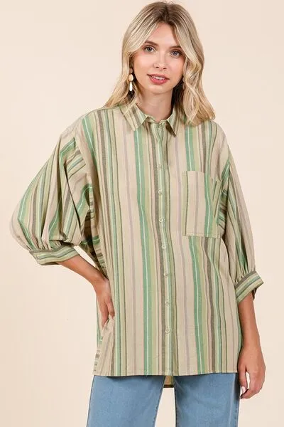 Green Striped Bubble Sleeve Button Down Shirt
