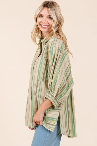 Green Striped Bubble Sleeve Button Down Shirt