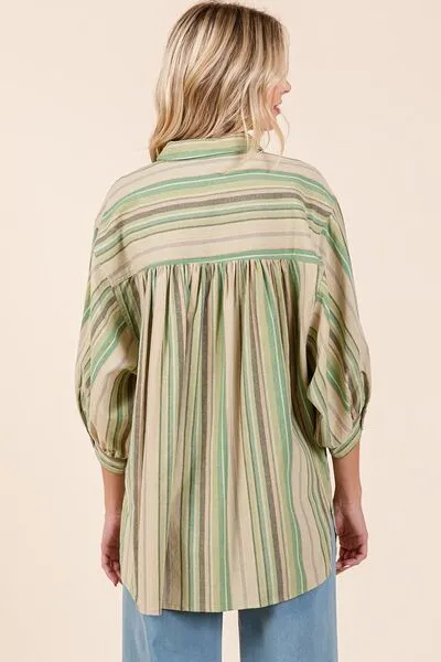Green Striped Bubble Sleeve Button Down Shirt