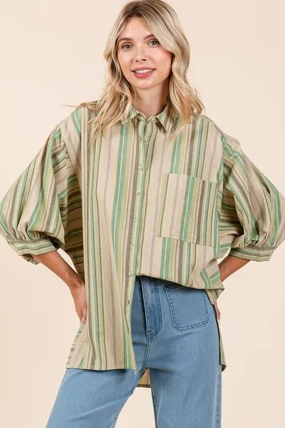 Green Striped Bubble Sleeve Button Down Shirt