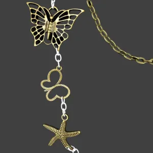 Handmade Boho Style Three-Layer Necklace with Starfish & Butterfly Charms – Vintage & Silver-Colored Chains