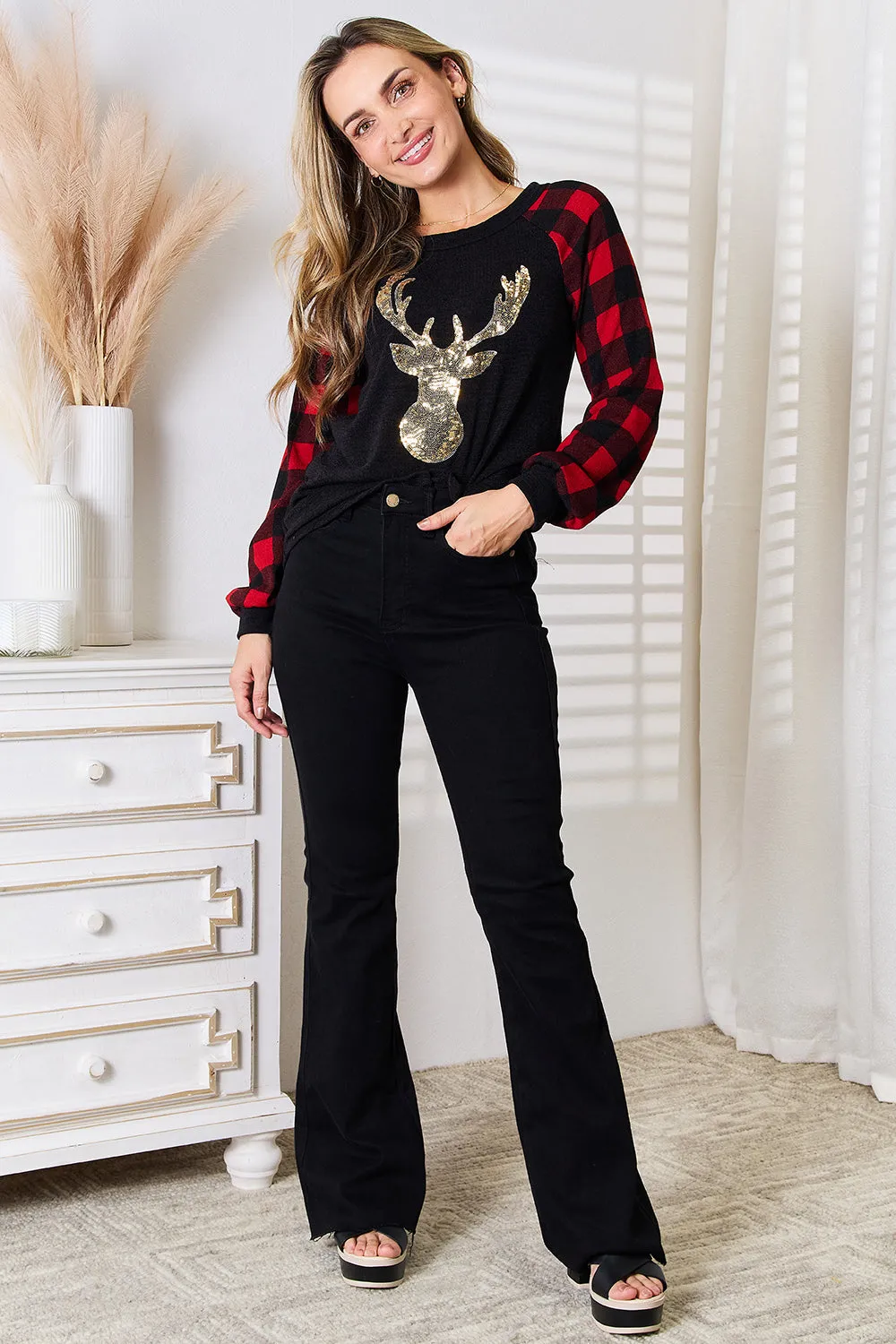 Hazel Blues® |  Heimish Sequin Reindeer Graphic Plaid Top
