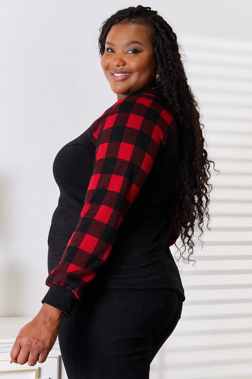 Hazel Blues® |  Heimish Sequin Reindeer Graphic Plaid Top