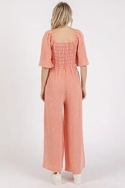 Hazel Blues® |  Mittoshop Mineral Wash Gauze Ruched Wide Leg Jumpsuit