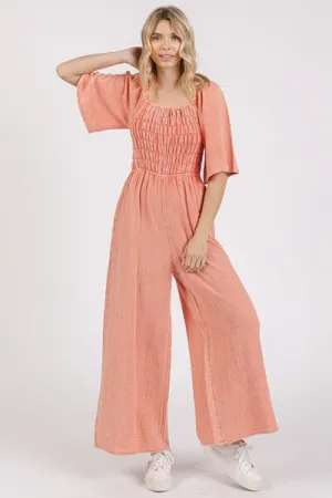 Hazel Blues® |  Mittoshop Mineral Wash Gauze Ruched Wide Leg Jumpsuit