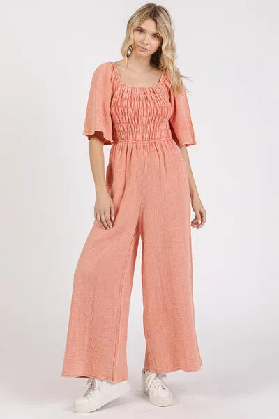 Hazel Blues® |  Mittoshop Mineral Wash Gauze Ruched Wide Leg Jumpsuit