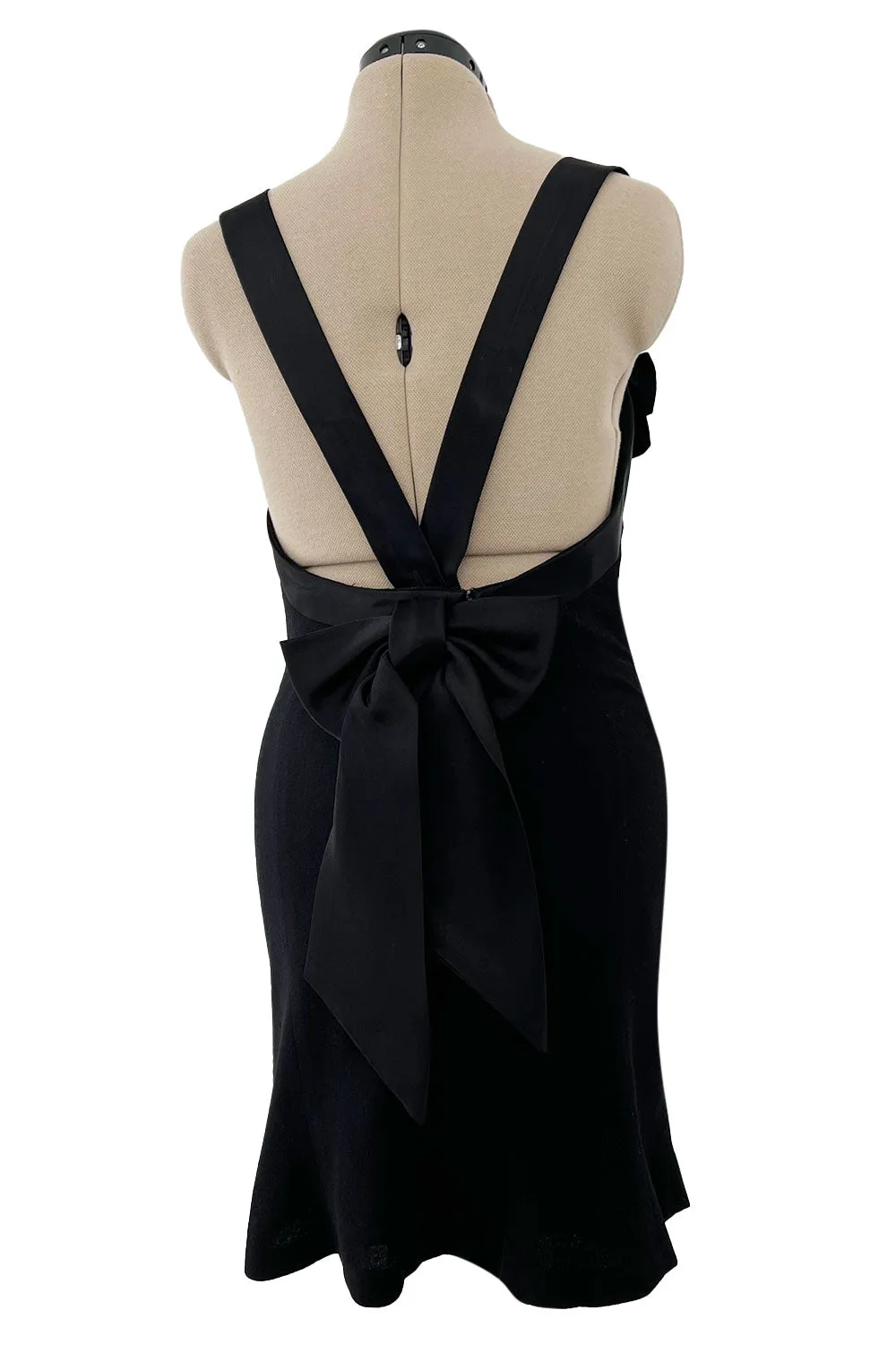 Incredible 1990s Gemma Kahng Black Backless Mini Dress w Bow & Gold Button Detailing