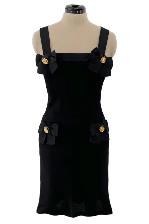 Incredible 1990s Gemma Kahng Black Backless Mini Dress w Bow & Gold Button Detailing