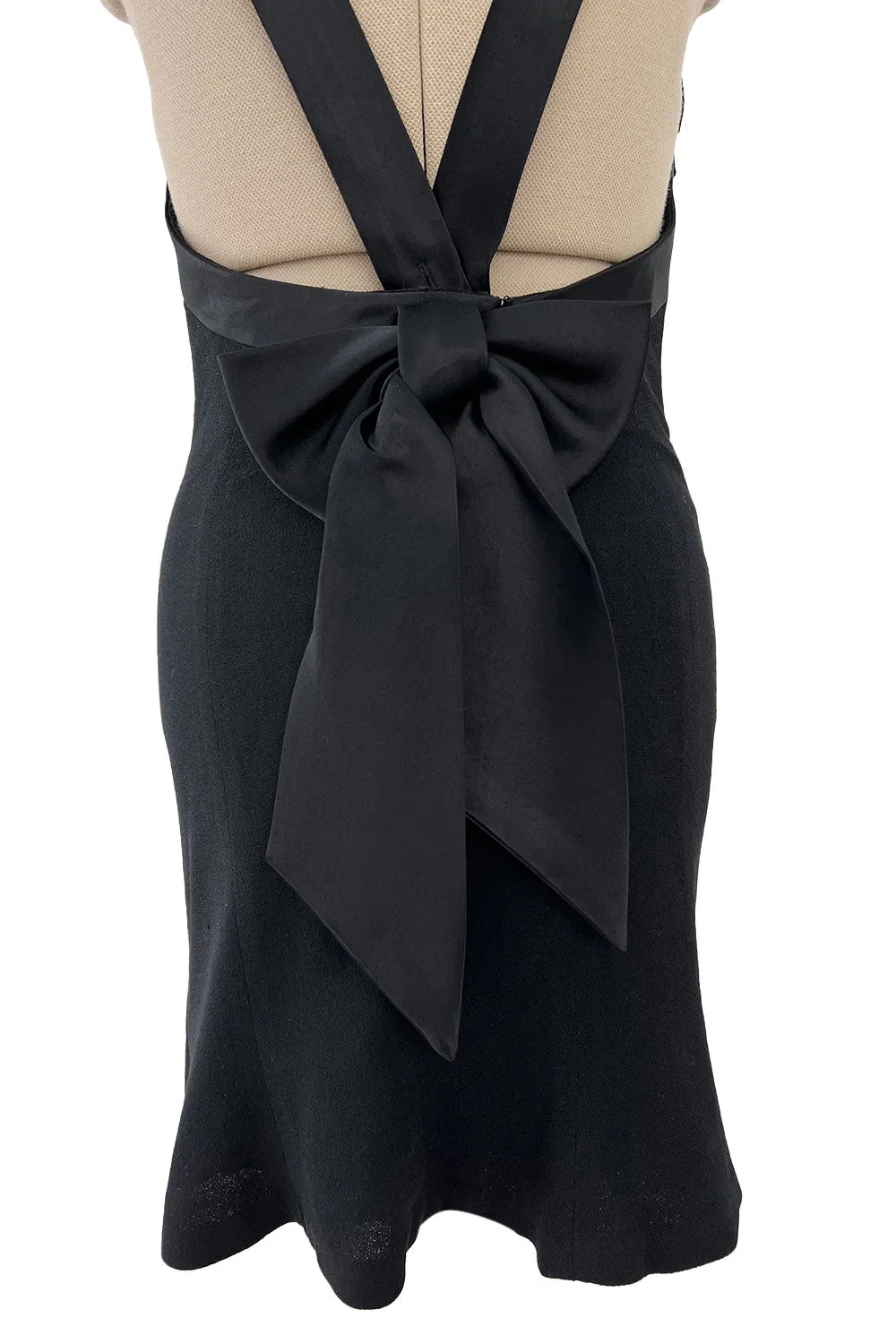 Incredible 1990s Gemma Kahng Black Backless Mini Dress w Bow & Gold Button Detailing