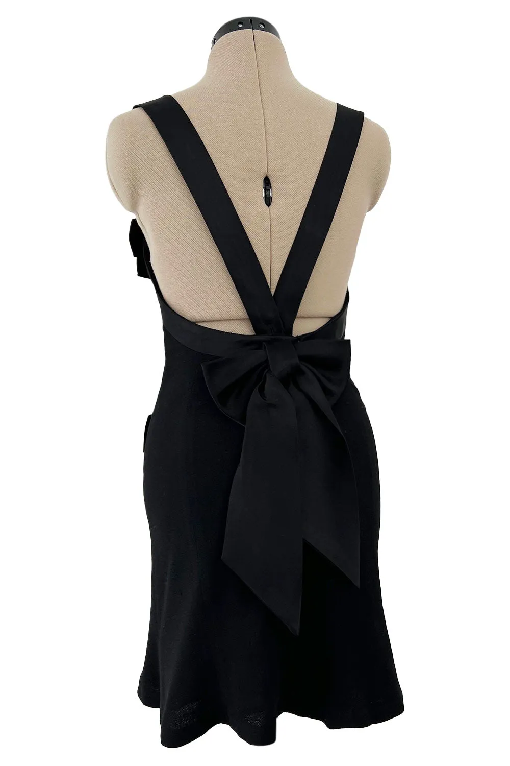 Incredible 1990s Gemma Kahng Black Backless Mini Dress w Bow & Gold Button Detailing