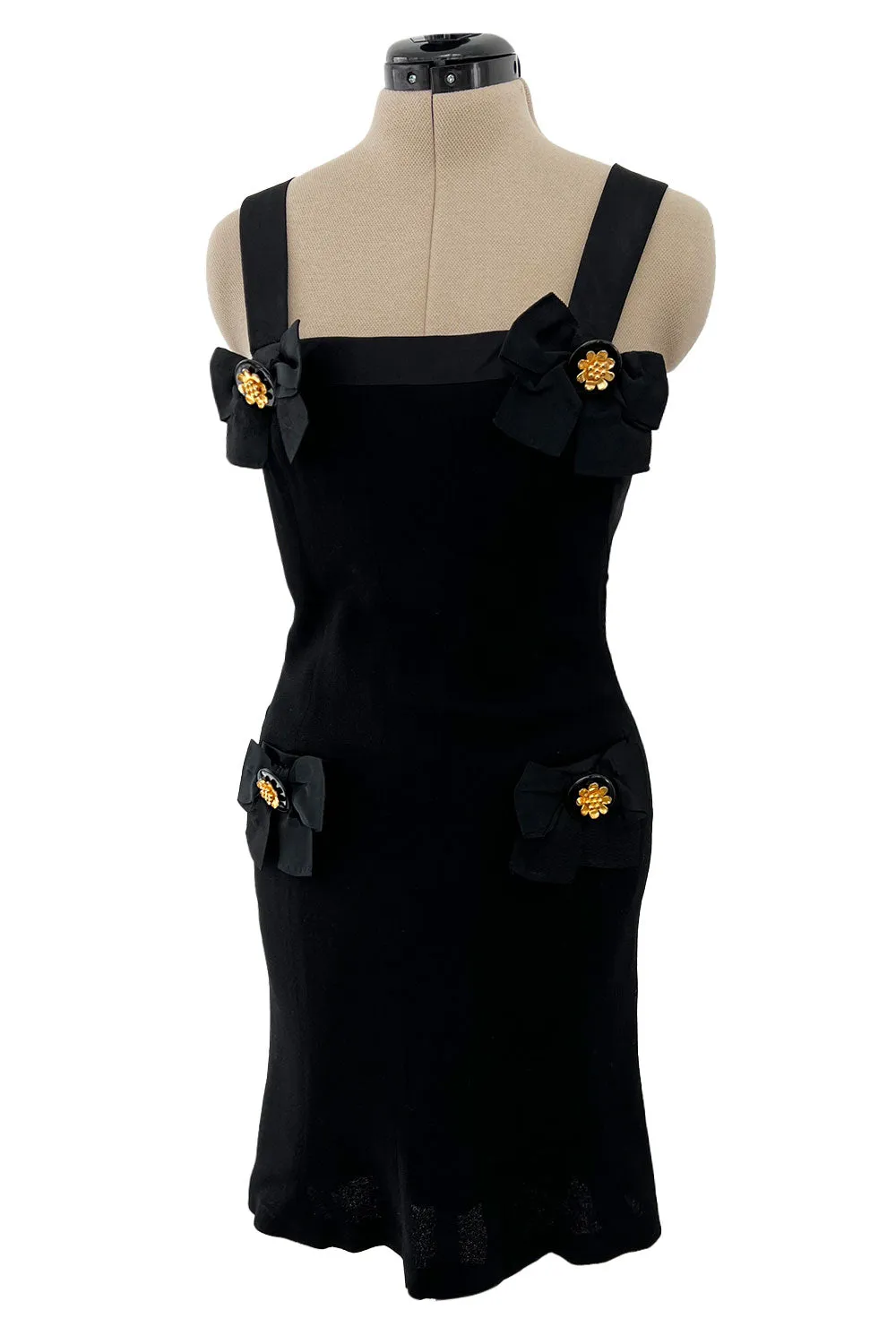Incredible 1990s Gemma Kahng Black Backless Mini Dress w Bow & Gold Button Detailing