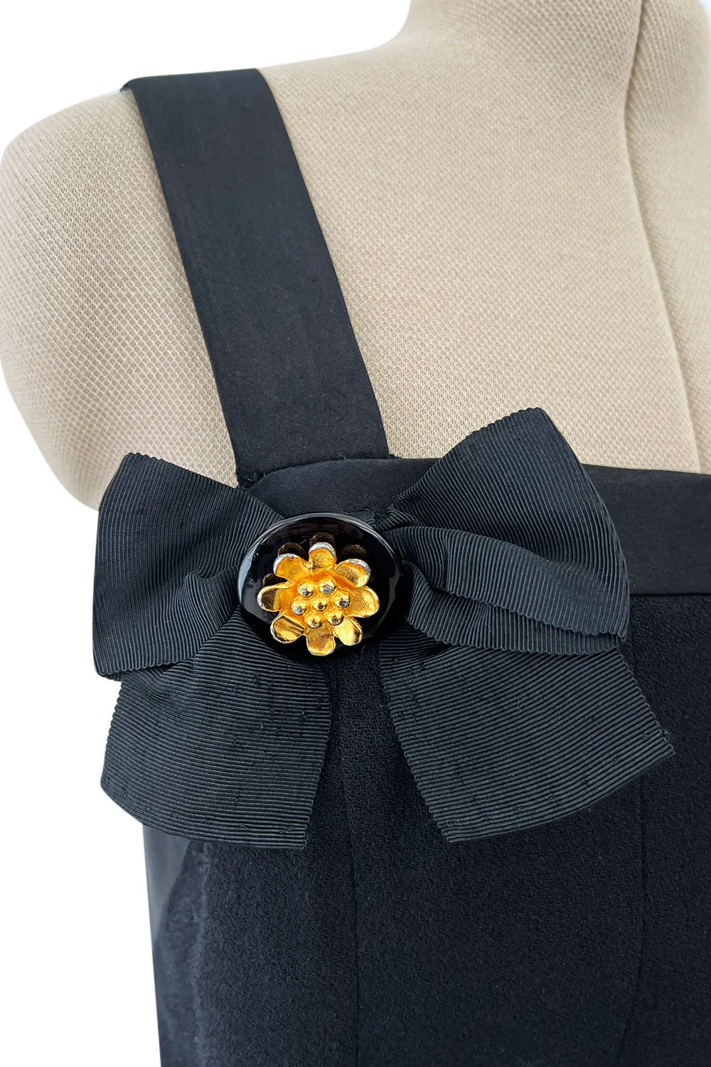 Incredible 1990s Gemma Kahng Black Backless Mini Dress w Bow & Gold Button Detailing