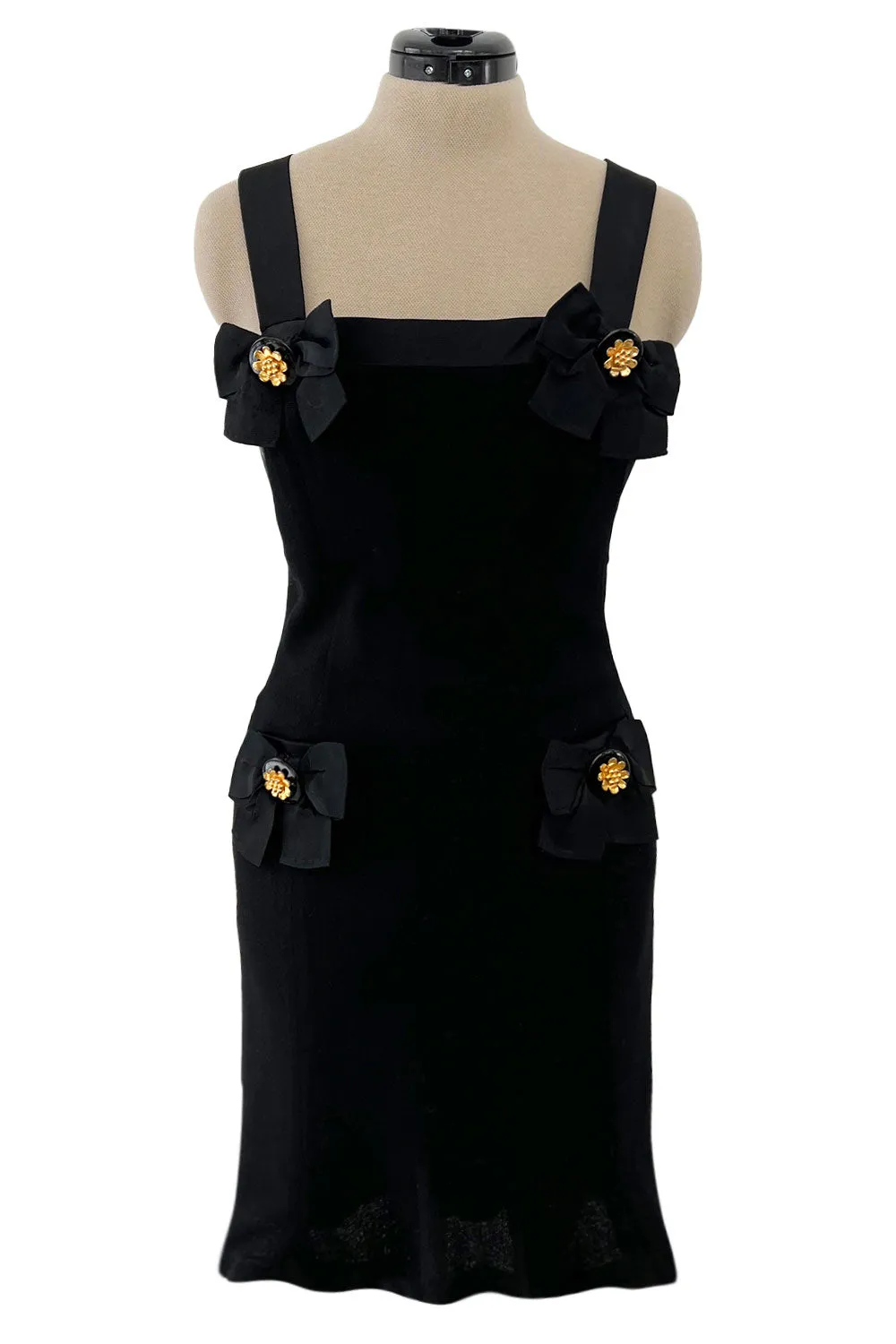 Incredible 1990s Gemma Kahng Black Backless Mini Dress w Bow & Gold Button Detailing