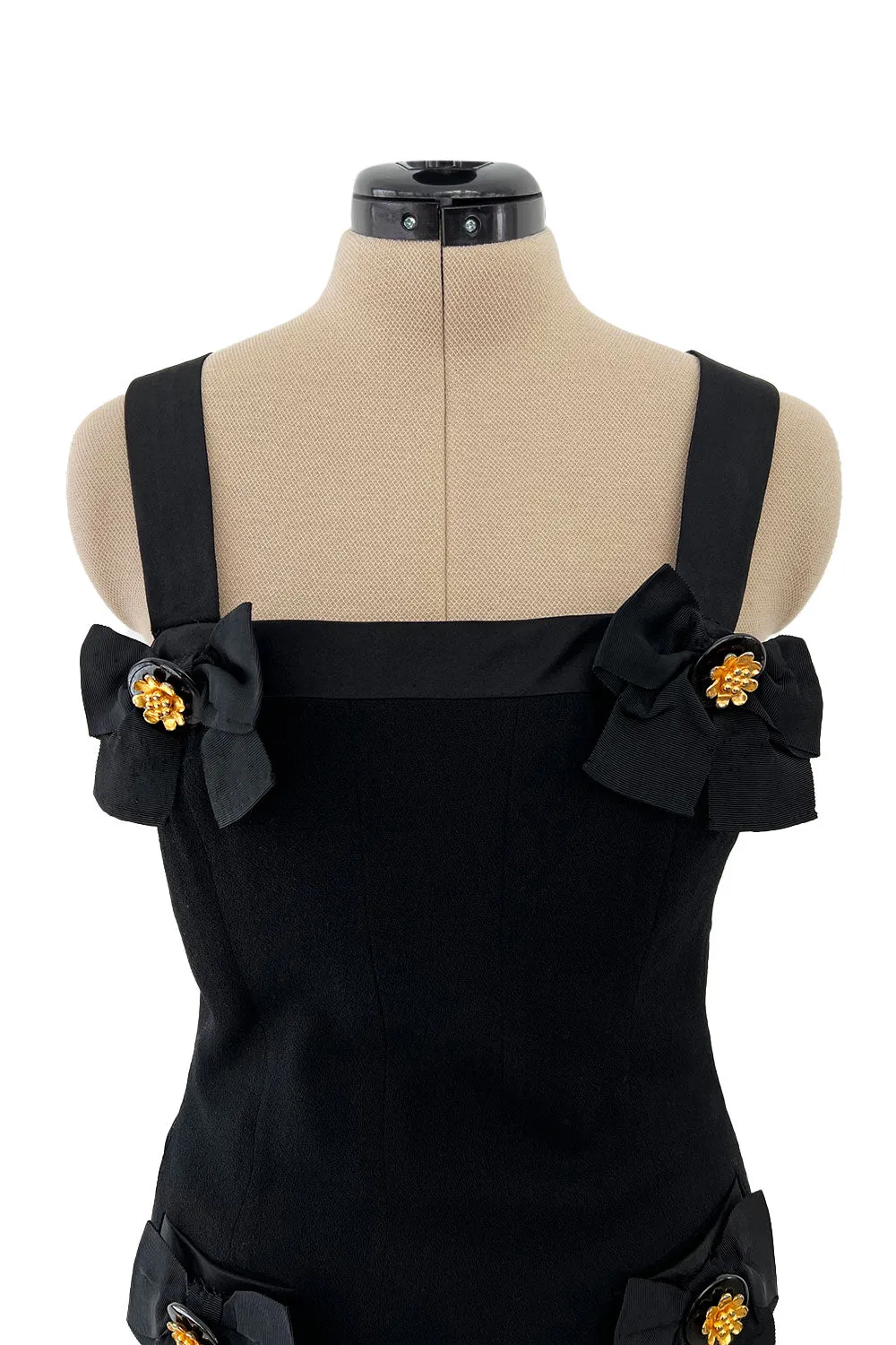 Incredible 1990s Gemma Kahng Black Backless Mini Dress w Bow & Gold Button Detailing