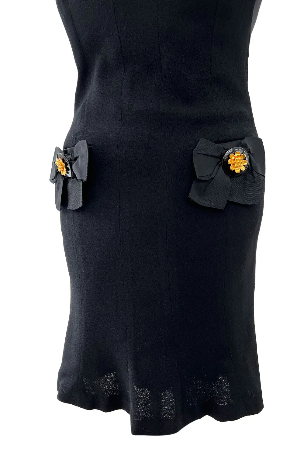 Incredible 1990s Gemma Kahng Black Backless Mini Dress w Bow & Gold Button Detailing