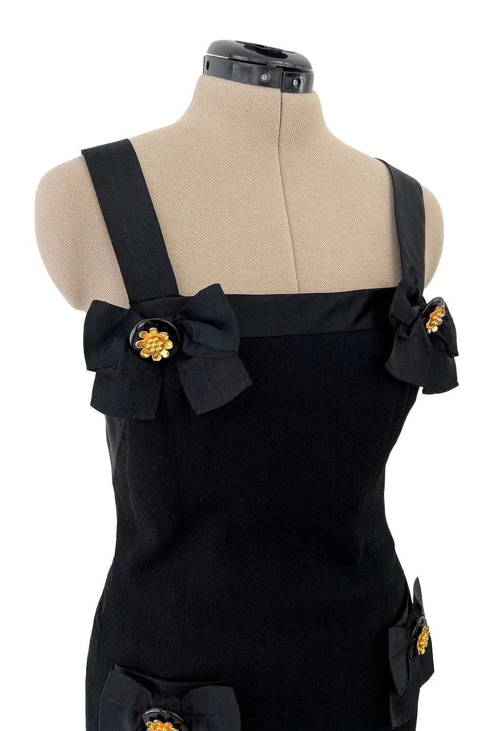 Incredible 1990s Gemma Kahng Black Backless Mini Dress w Bow & Gold Button Detailing