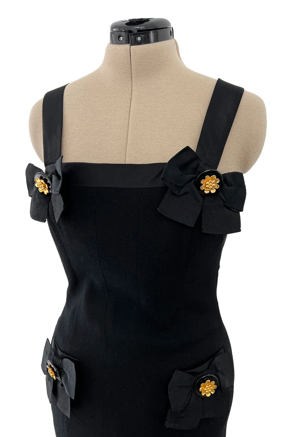 Incredible 1990s Gemma Kahng Black Backless Mini Dress w Bow & Gold Button Detailing