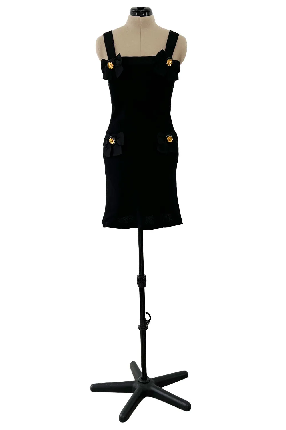 Incredible 1990s Gemma Kahng Black Backless Mini Dress w Bow & Gold Button Detailing