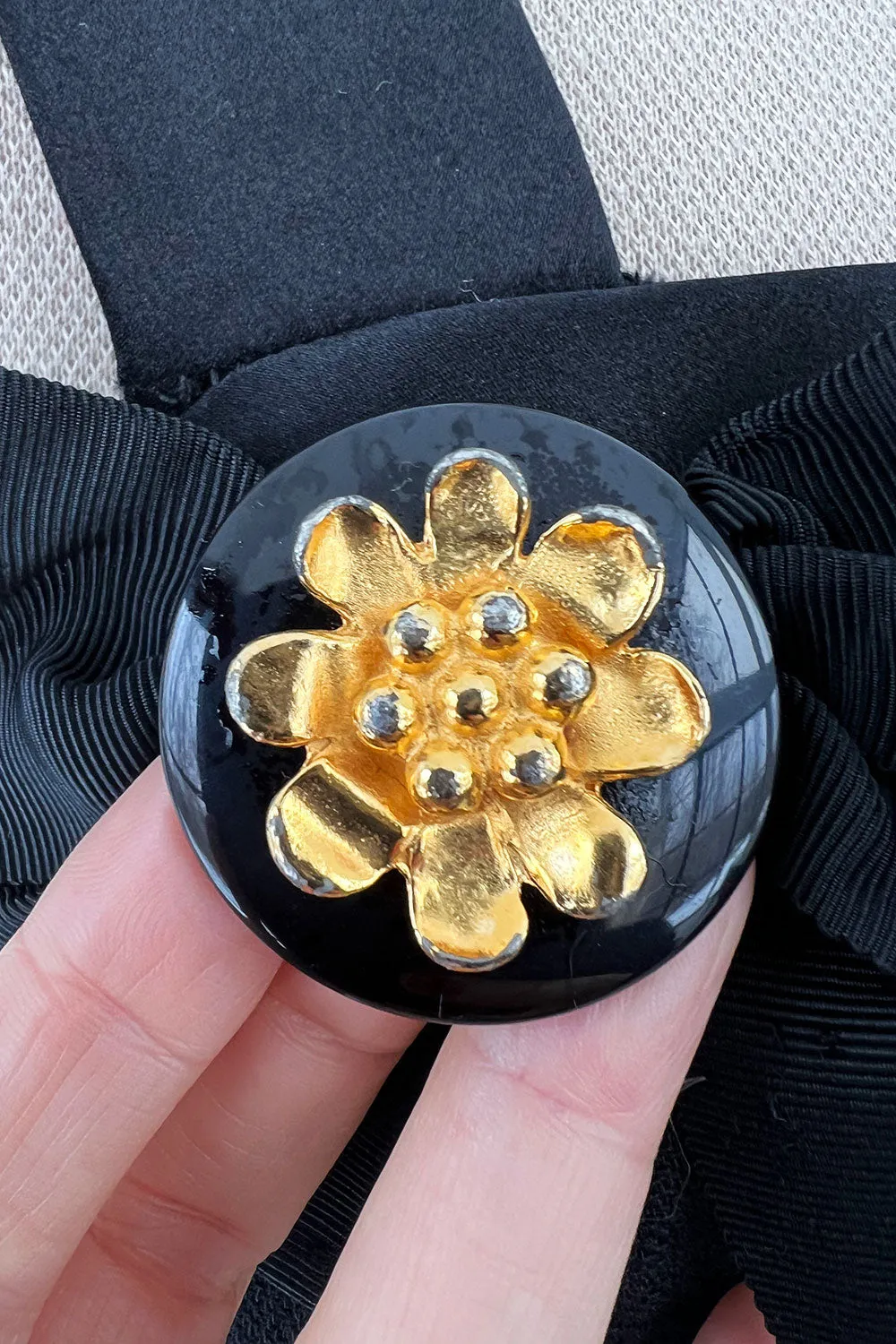 Incredible 1990s Gemma Kahng Black Backless Mini Dress w Bow & Gold Button Detailing