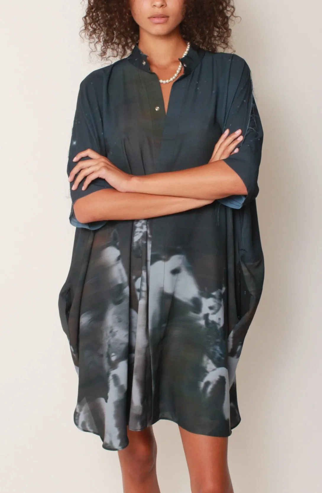 Kaftan Tunic in Midnight Wild Horses Crepe