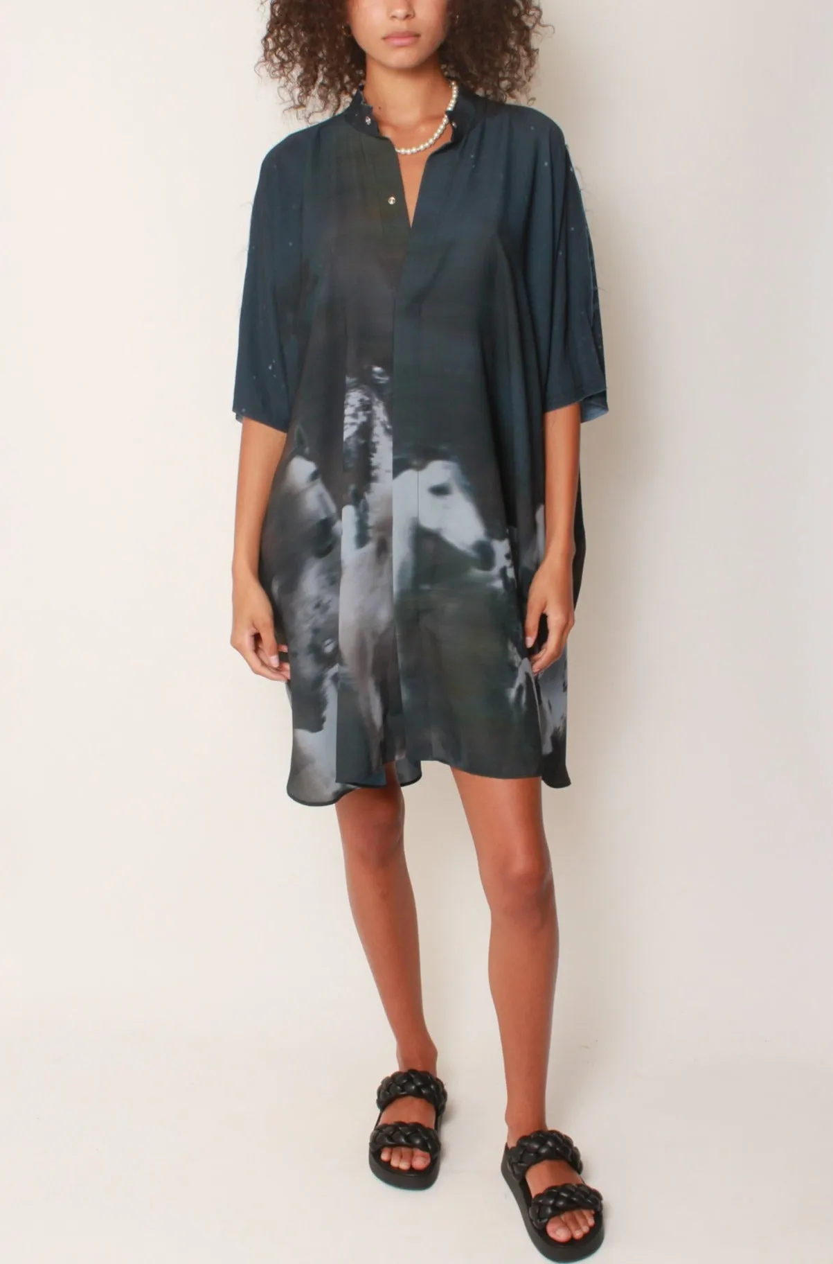 Kaftan Tunic in Midnight Wild Horses Crepe