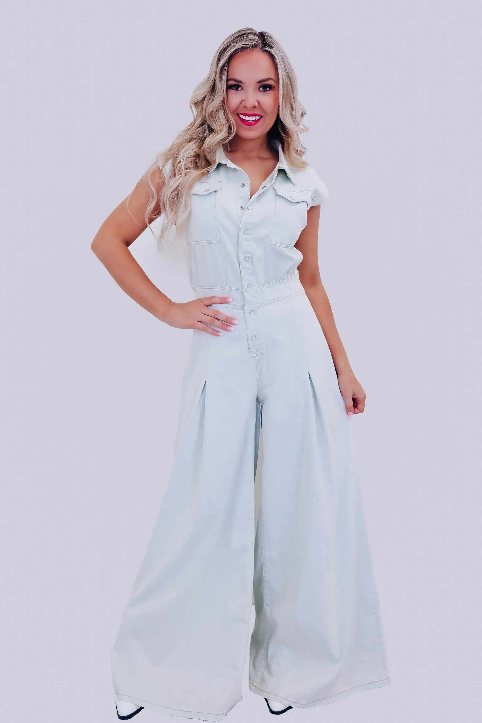 Kala Classic Wide Leg Denim Jumpsuit - Light Wash