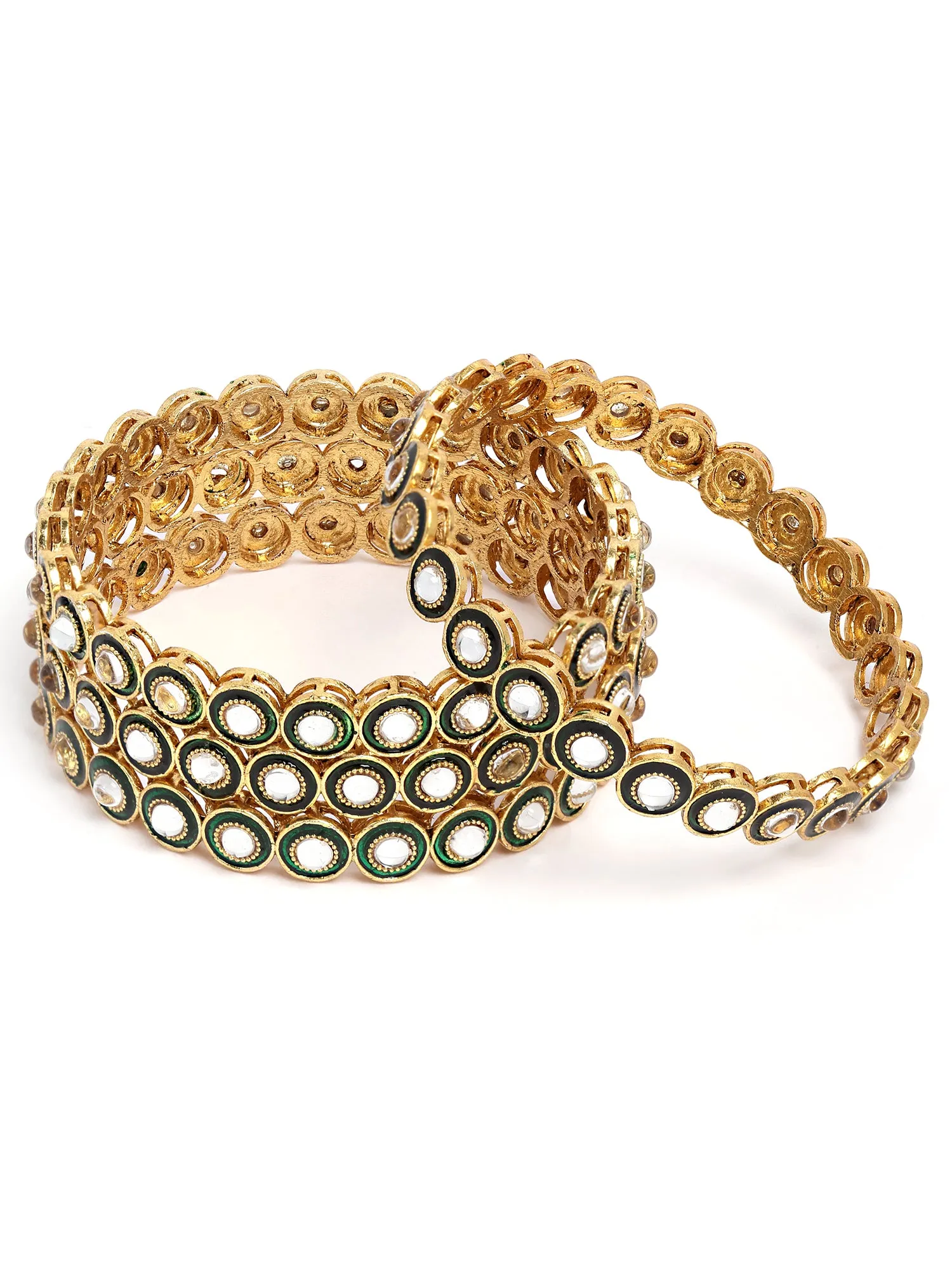 Karatcart Set of 4 Antique Gold Plated Green Kundan Rajwadi Bangles for Women