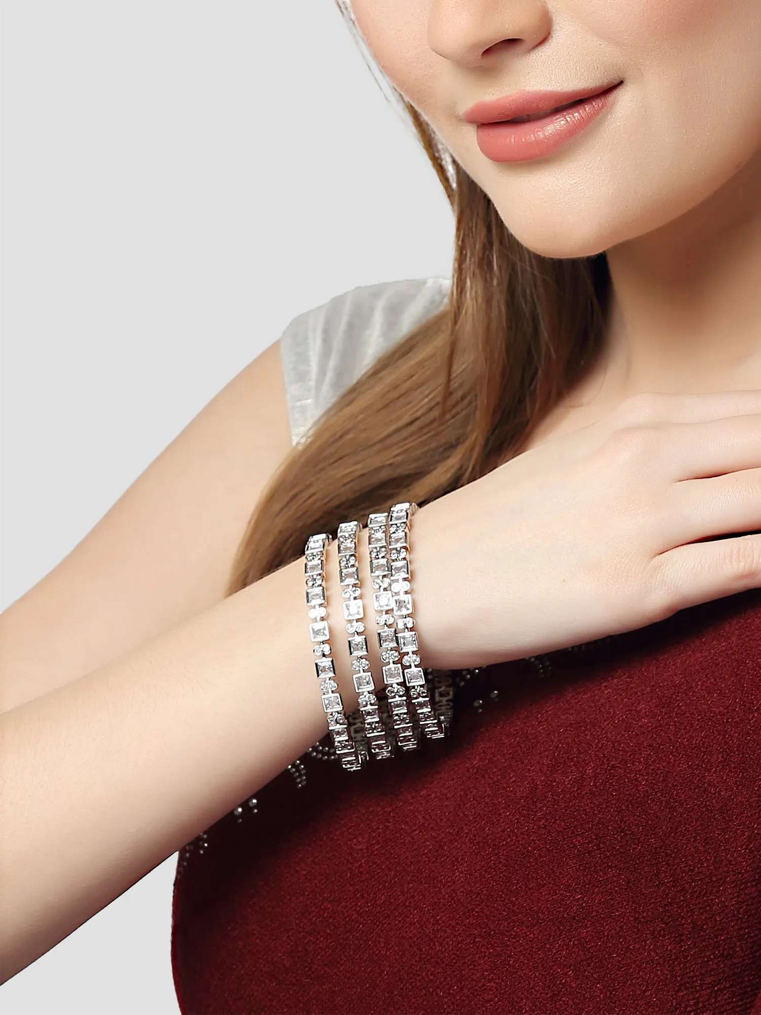 Karatcart Set of 4 Silver-Plated AD Studded Bangles for Women