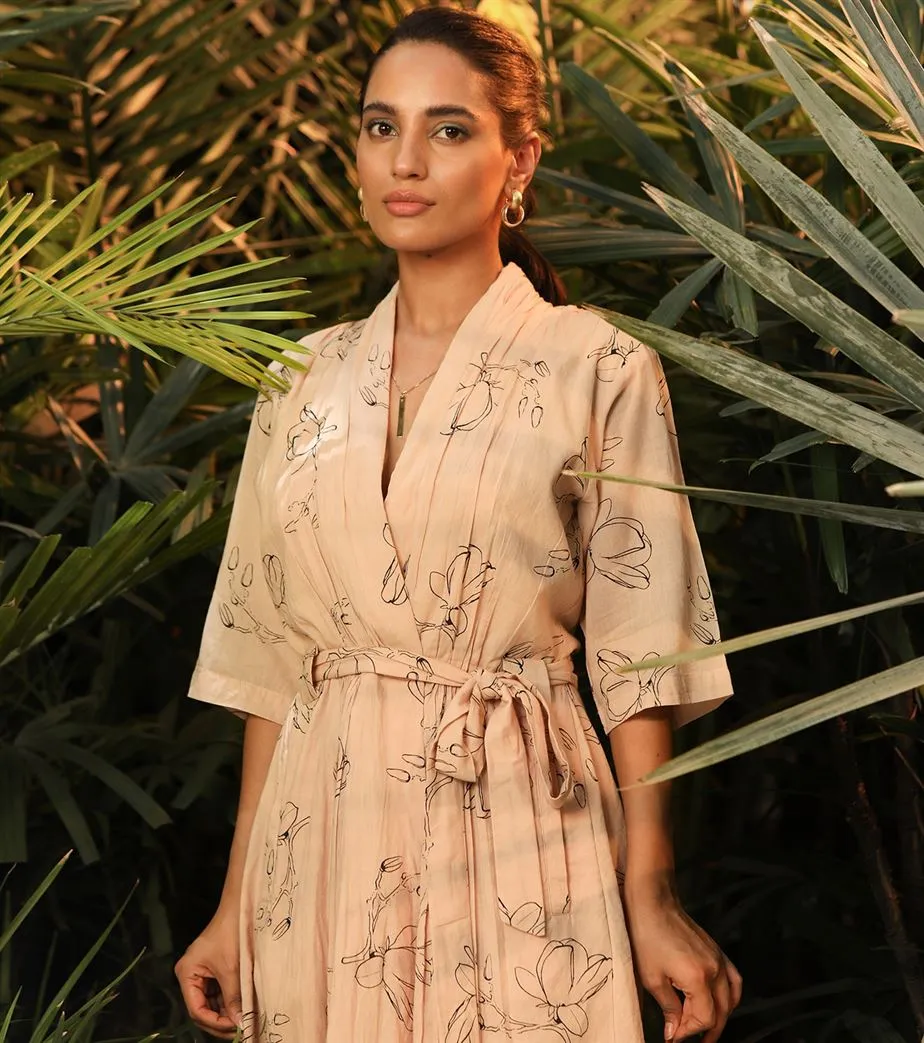 Khara Kapas   -   Secret Fantasy Pink floral wrap dress with shawl collar - Another Day in Paradise