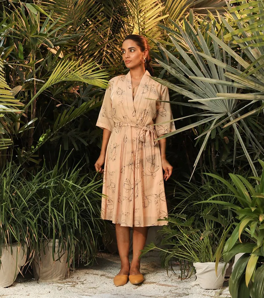 Khara Kapas   -   Secret Fantasy Pink floral wrap dress with shawl collar - Another Day in Paradise