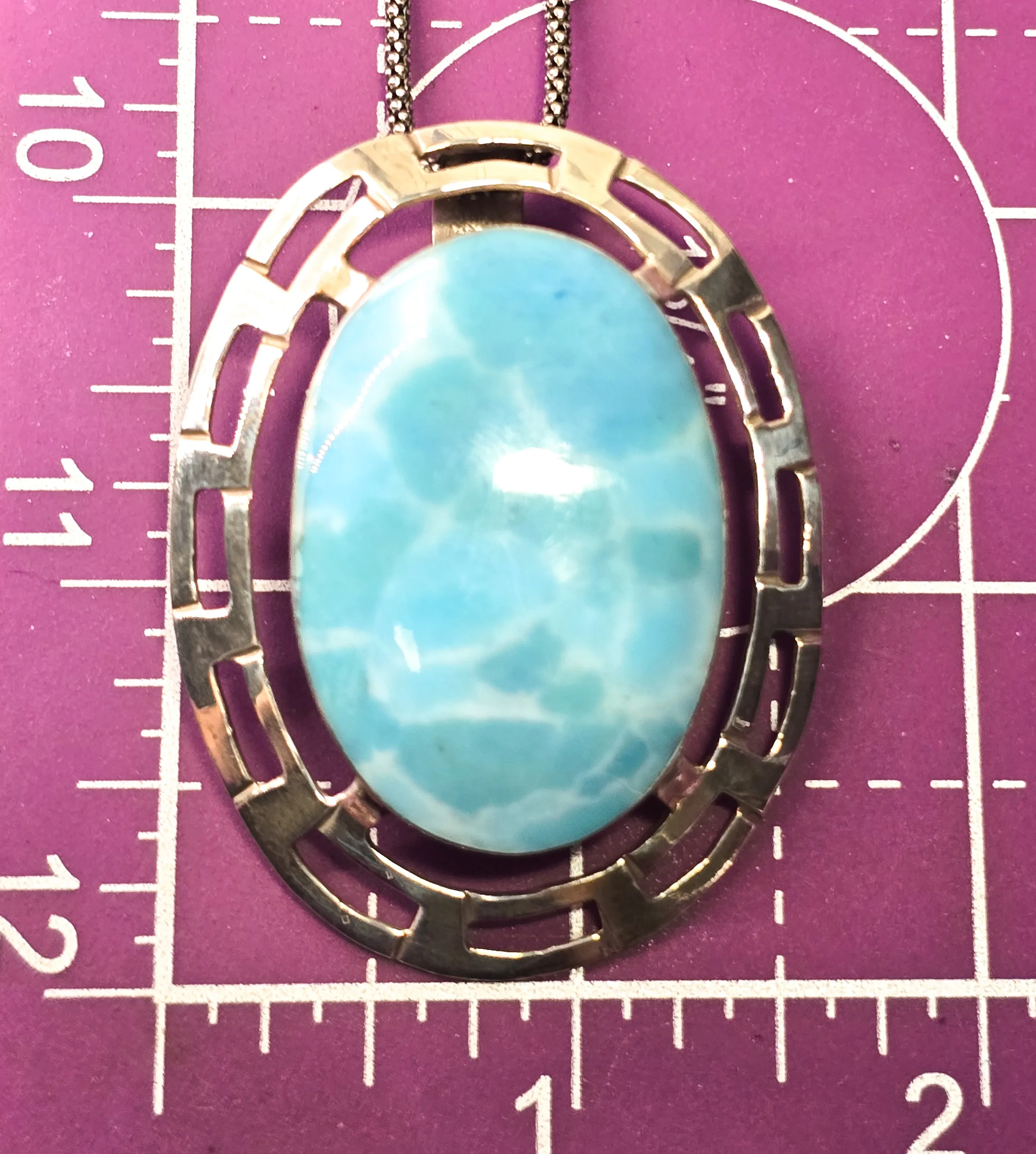 Larimar large Greek Key open work sterling silver pendant necklace