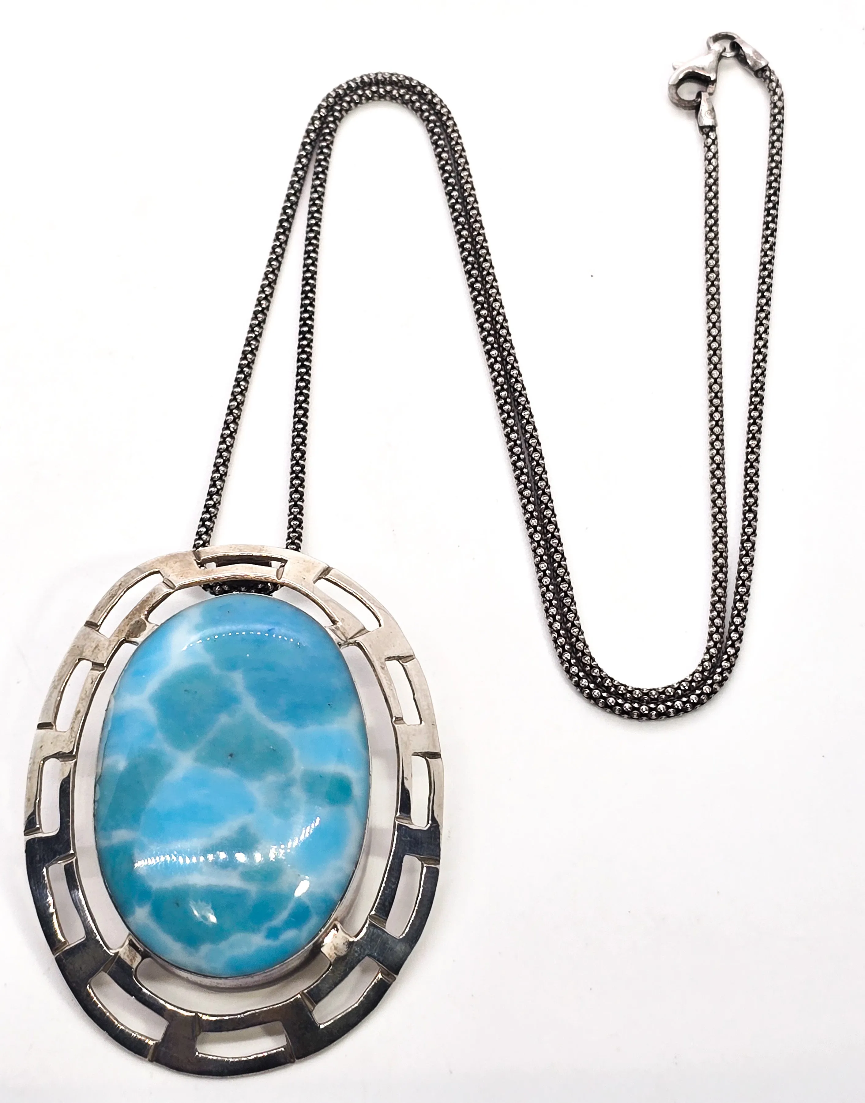 Larimar large Greek Key open work sterling silver pendant necklace