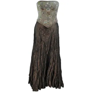 LES HABITUDES KAAT TILLEY Beaded Olive Bustier and Crinkle Skirt Size 2