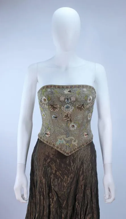 LES HABITUDES KAAT TILLEY Beaded Olive Bustier and Crinkle Skirt Size 2