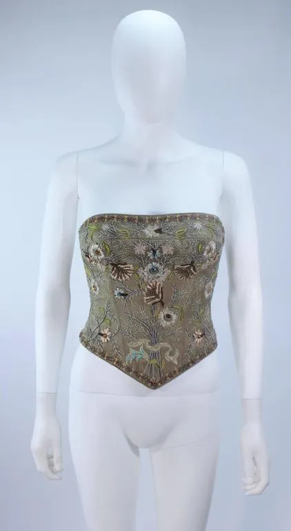 LES HABITUDES KAAT TILLEY Beaded Olive Bustier and Crinkle Skirt Size 2