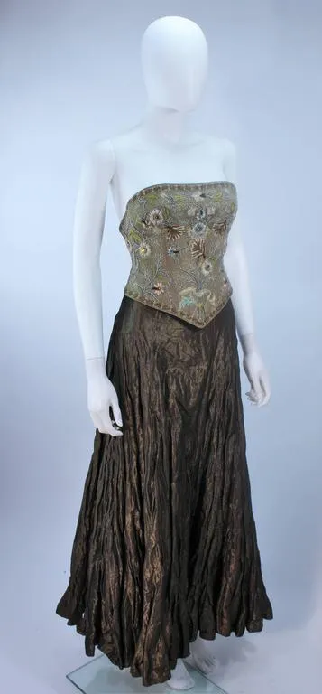 LES HABITUDES KAAT TILLEY Beaded Olive Bustier and Crinkle Skirt Size 2