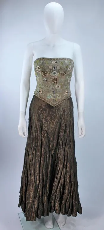 LES HABITUDES KAAT TILLEY Beaded Olive Bustier and Crinkle Skirt Size 2