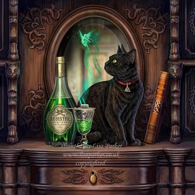 Lisa Parker Absinthe Fairy, Black Cat, Mirror with Drawer Statue by Veronese Design