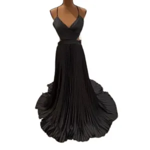 Lulus Got the Glam Black Pleated Cutout Maxi Dress in Black – Size Large