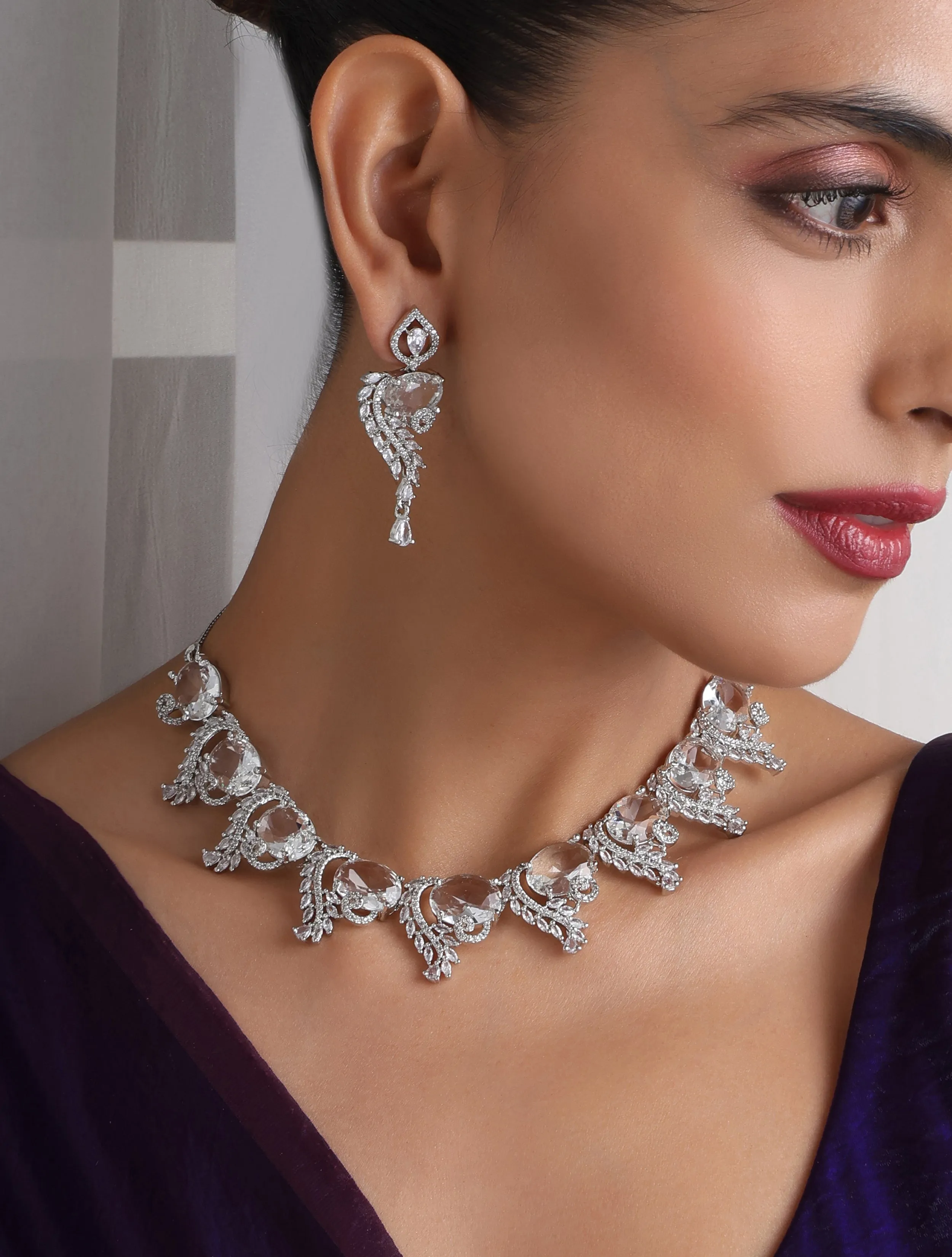 Luxury Silver Color American Diamond Premium Necklace & Earring Set