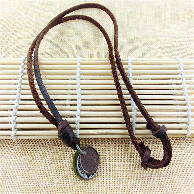 Men's Necklace Vintage Leather Design Three Coins Shape Pendant Charms Sweater Chains