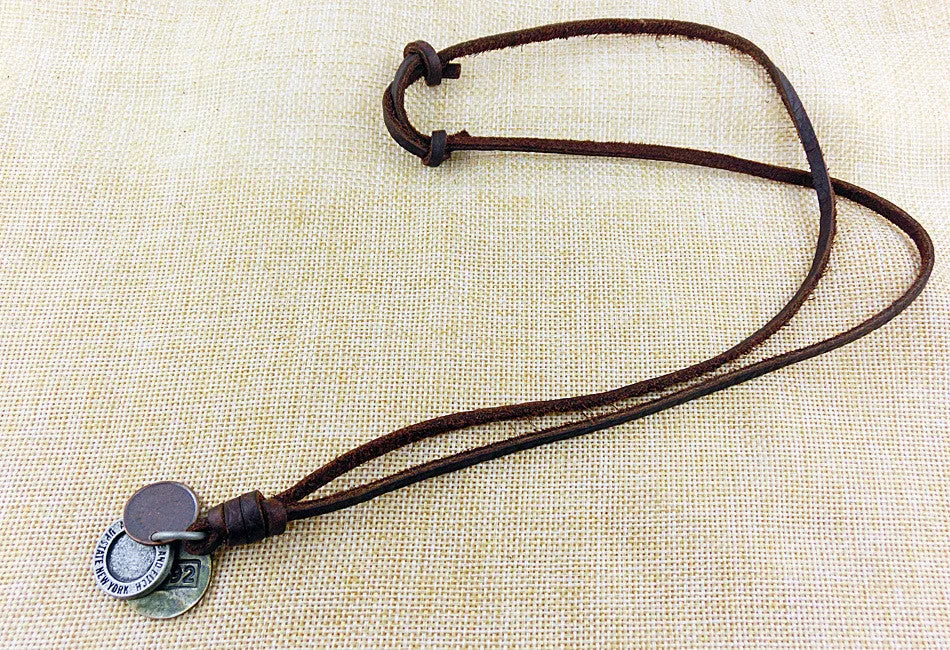 Men's Necklace Vintage Leather Design Three Coins Shape Pendant Charms Sweater Chains