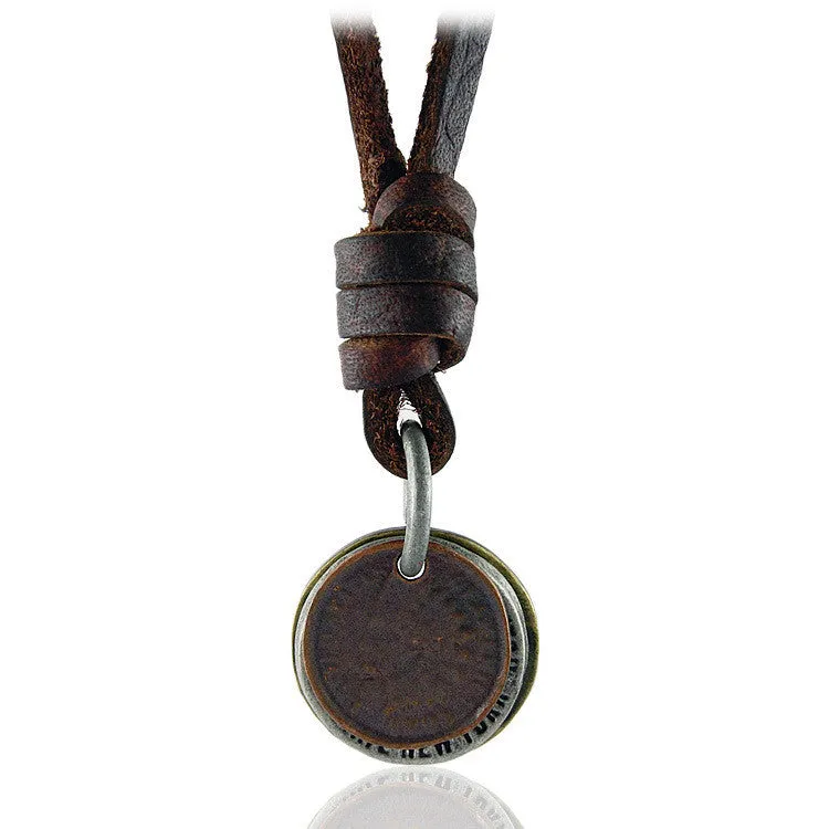 Men's Necklace Vintage Leather Design Three Coins Shape Pendant Charms Sweater Chains