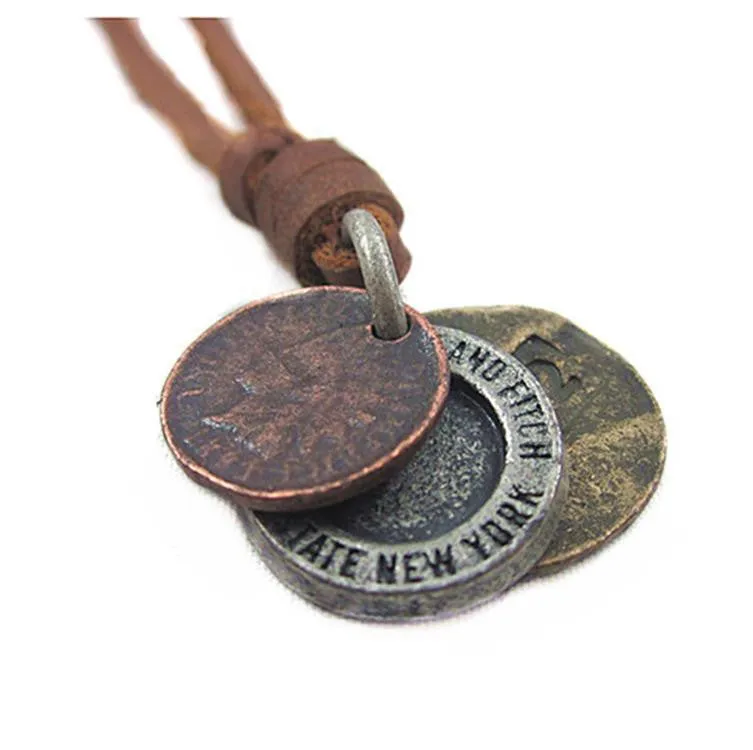 Men's Necklace Vintage Leather Design Three Coins Shape Pendant Charms Sweater Chains