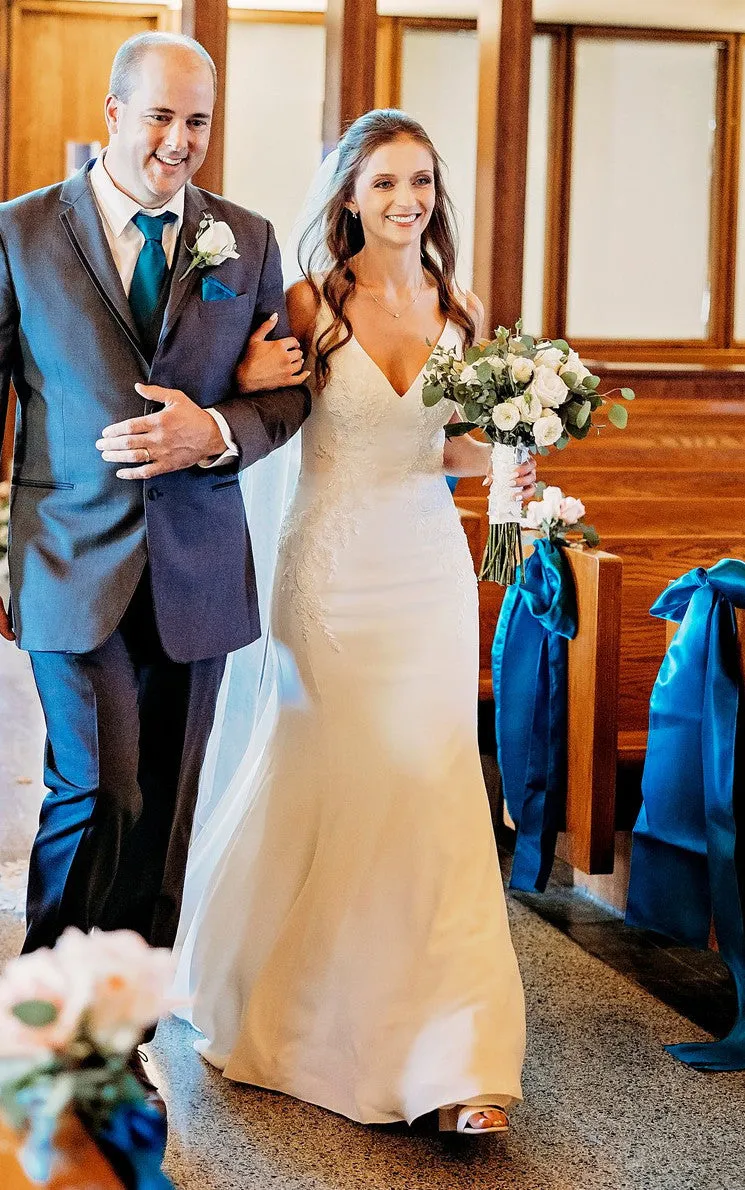 Mermaid V-neck Satin Vintage Wedding Dress With Embroidery And Chapel Train-716576