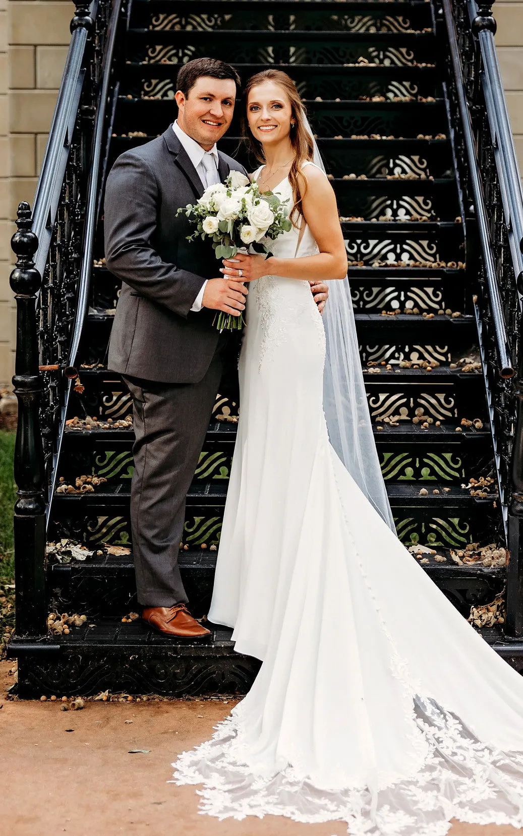 Mermaid V-neck Satin Vintage Wedding Dress With Embroidery And Chapel Train-716576