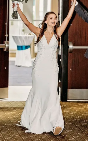 Mermaid V-neck Satin Vintage Wedding Dress With Embroidery And Chapel Train-716576