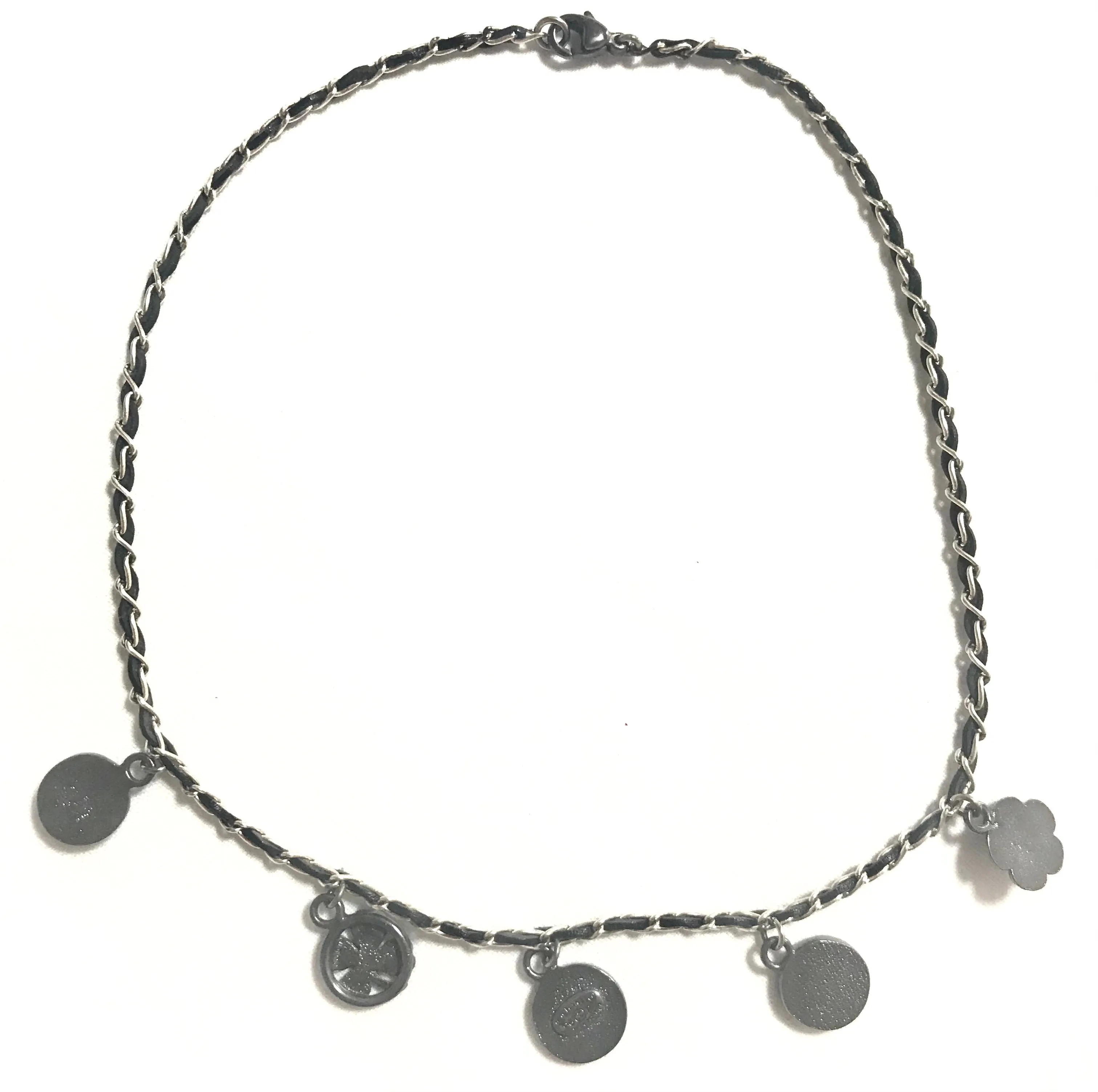 MINT. Vintage CHANEL skinny silver chain necklace with symbolic coin charms and black leather. Can be bracelet too. 060531r1