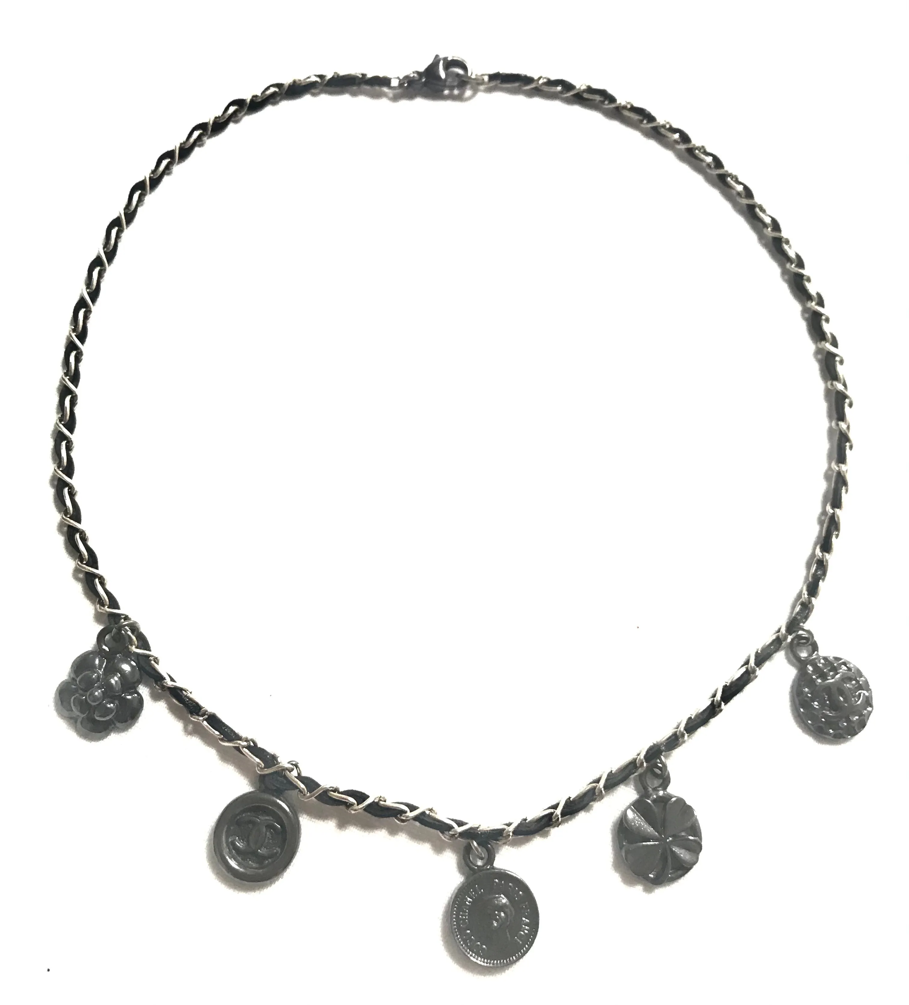 MINT. Vintage CHANEL skinny silver chain necklace with symbolic coin charms and black leather. Can be bracelet too. 060531r1